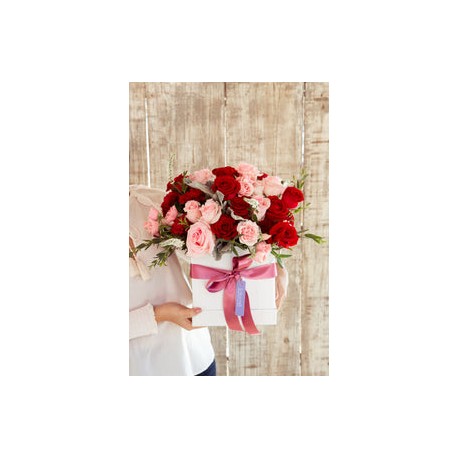 Andrea, rosas rojas y rosas rosadas.